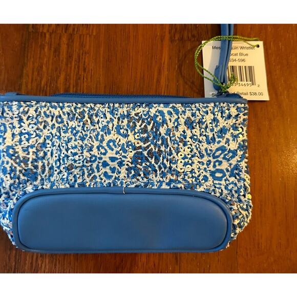 VERA BRADLEY Mesh Sequin Wristlet Purse Camocat Blue Sparkly Animal Print NEW - Picture 3 of 6